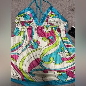 Grass Collection Floral Halter Top in Blue and Pink